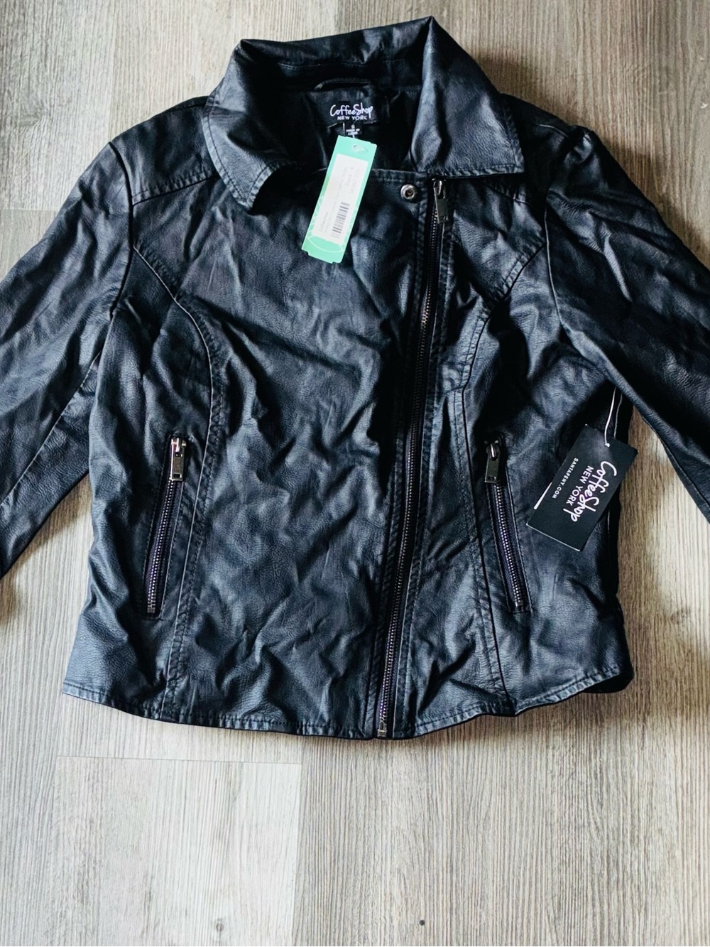 CoffeeShop Black Faux-Leather Asymmetric Zip Jacket